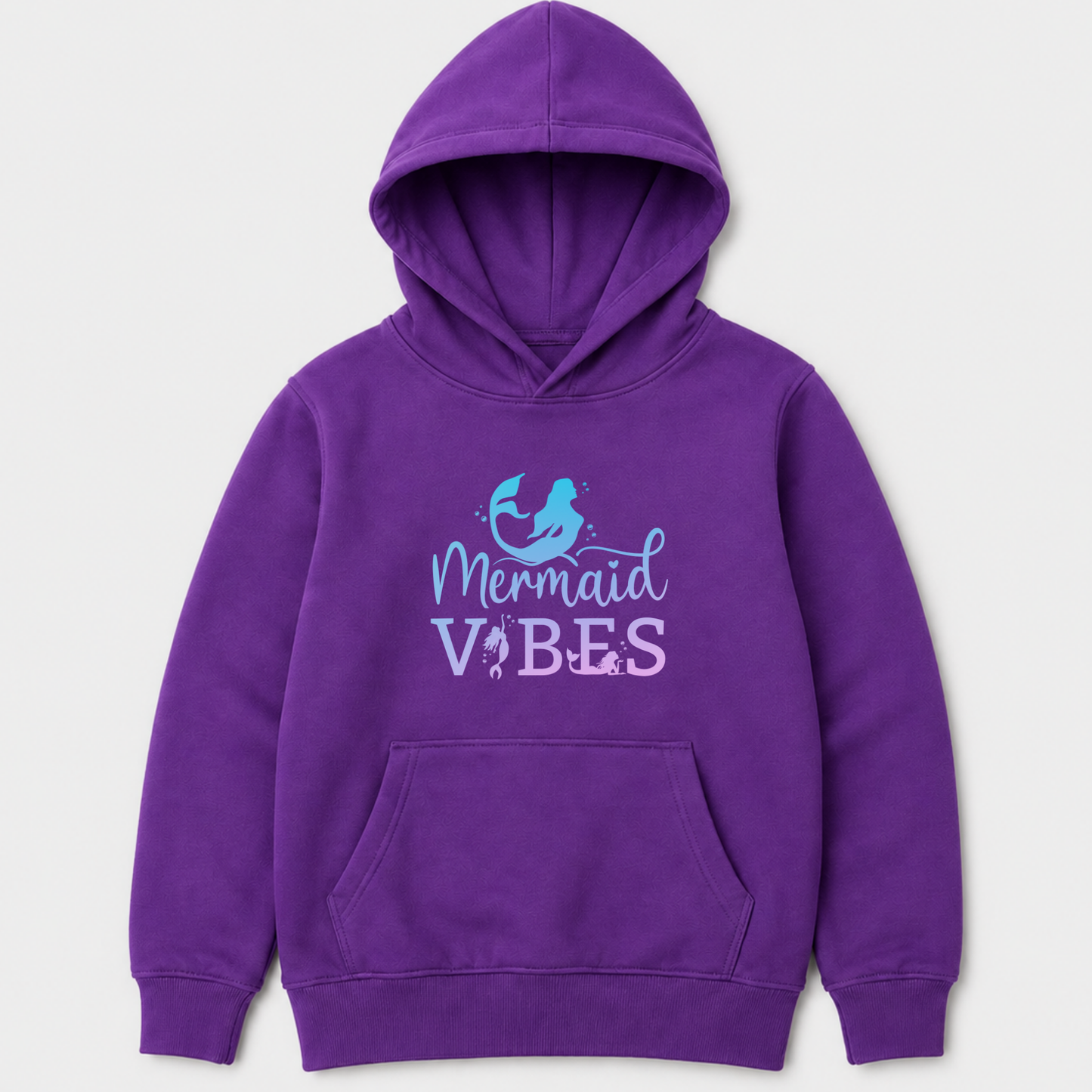A purple kids pullover hoodie with a front kangaroo pocket and a 'Mermaid Vibes' graphic on the chest, displayed against a light grey background.