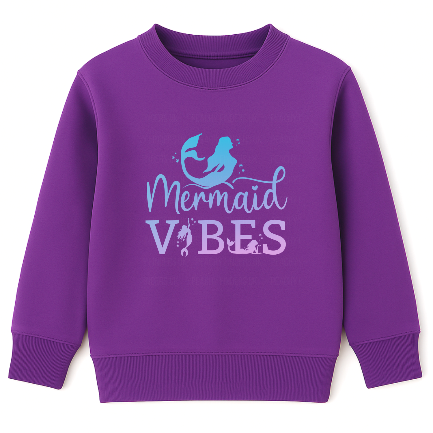 Girls purple sweatshirt with 'Mermaid Vibes' text and mermaid graphic on a white background