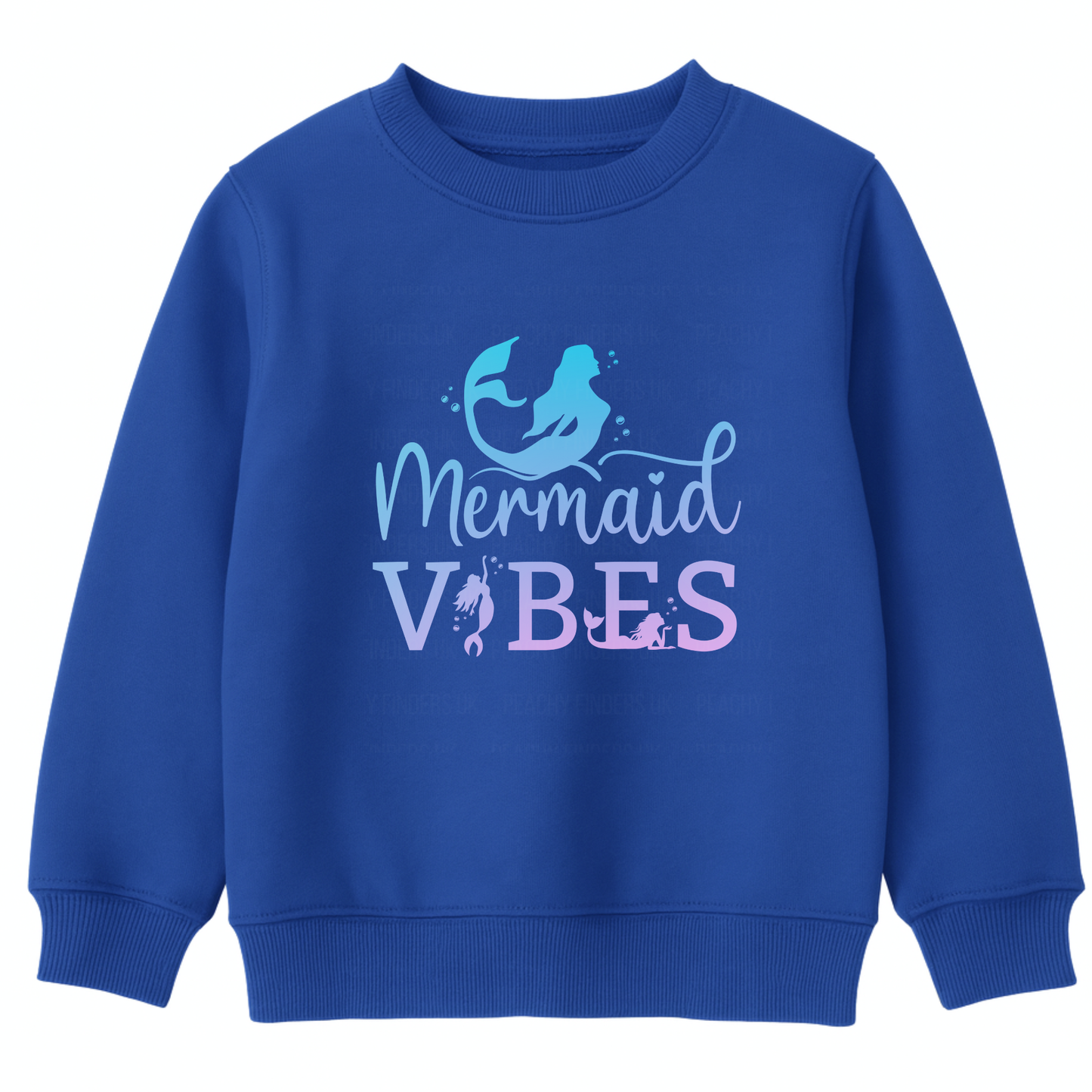 Girls royal blue sweatshirt with 'Mermaid Vibes' text and mermaid graphic on a white background