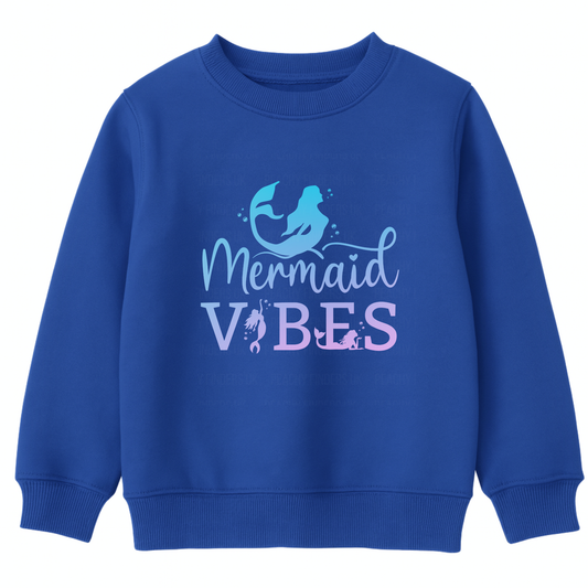 Girls royal blue Mermaid Vibes sweatshirt with pastel mermaid graphic, children’s ocean theme jumper product image