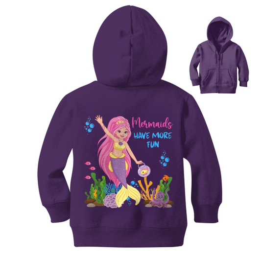 Child's sized front and back purple zip hoodie with mermaid design graphic