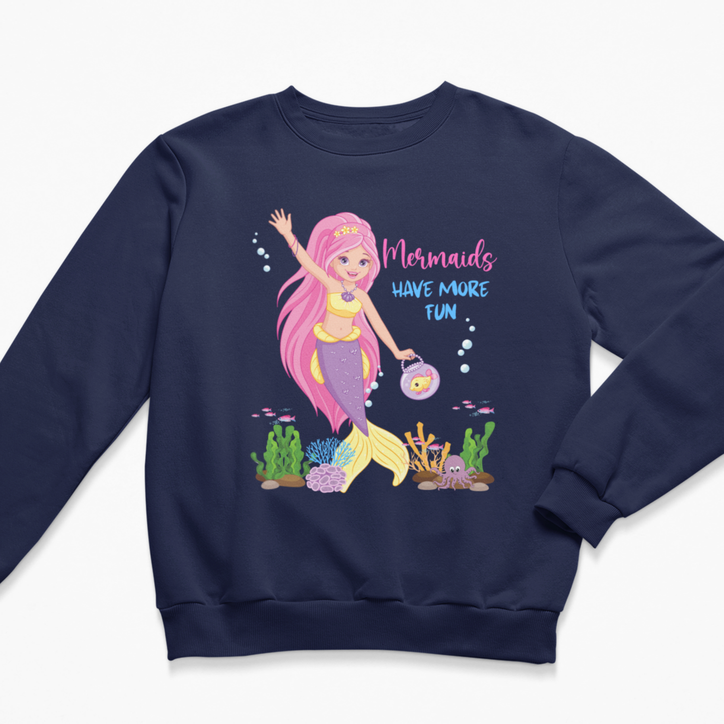 Girls’ navy sweatshirt featuring a waving pink-haired mermaid surrounded by fish, coral, seaweed and a small octopus.