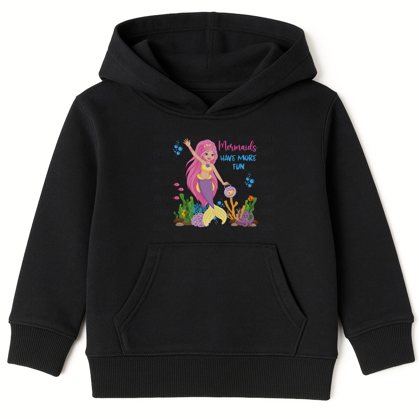 Girls black hoodie with “Mermaids Have More Fun” text and colourful mermaid, fish, and ocean-themed print on the front, displayed on hanger.