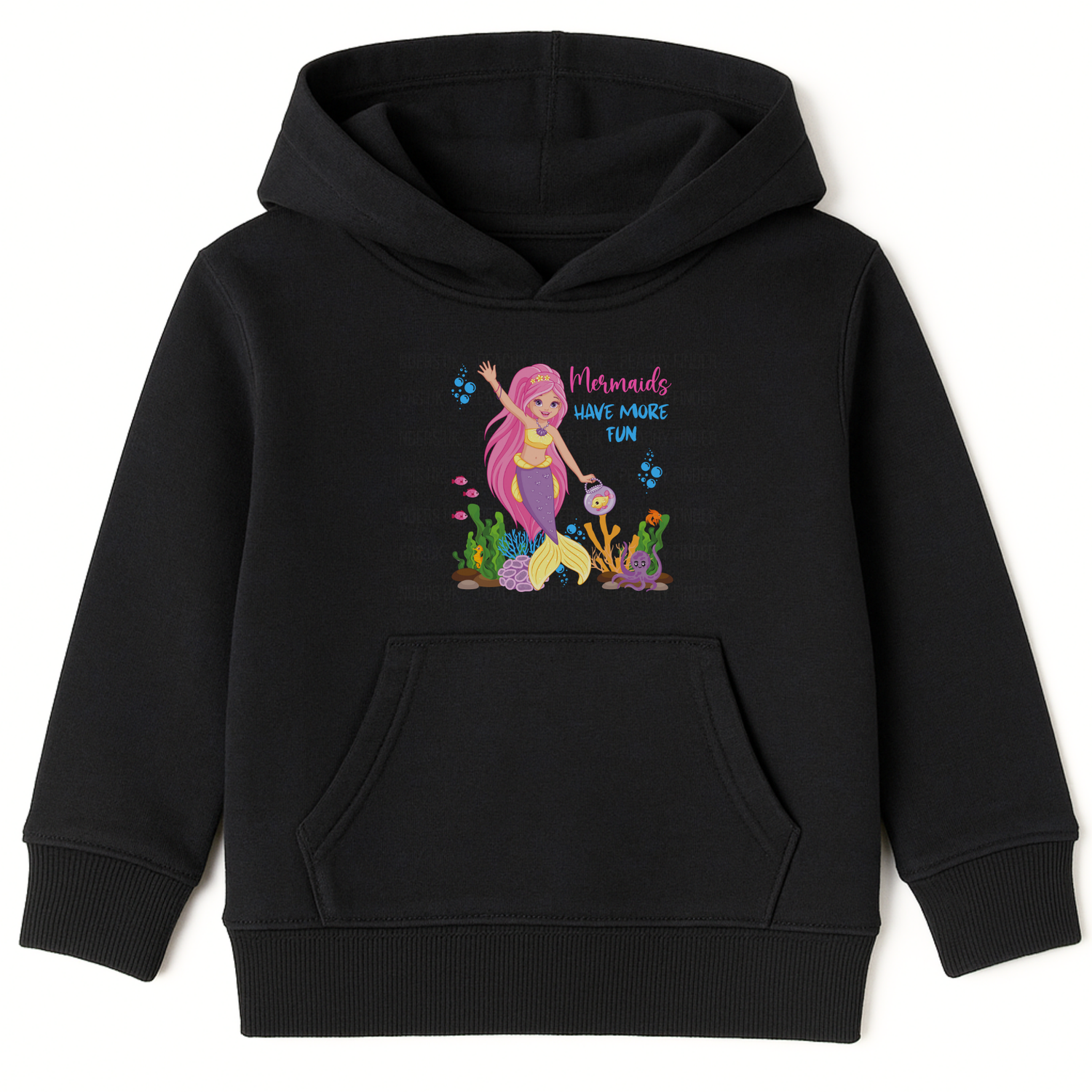 Girls black hoodie with “Mermaids Have More Fun” text and colourful mermaid, fish, and ocean-themed print on the front, displayed on hanger.