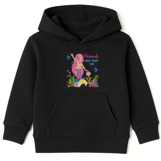 Girls black hoodie with “Mermaids Have More Fun” text and colourful mermaid, fish, and ocean-themed print on the front, displayed on hanger.