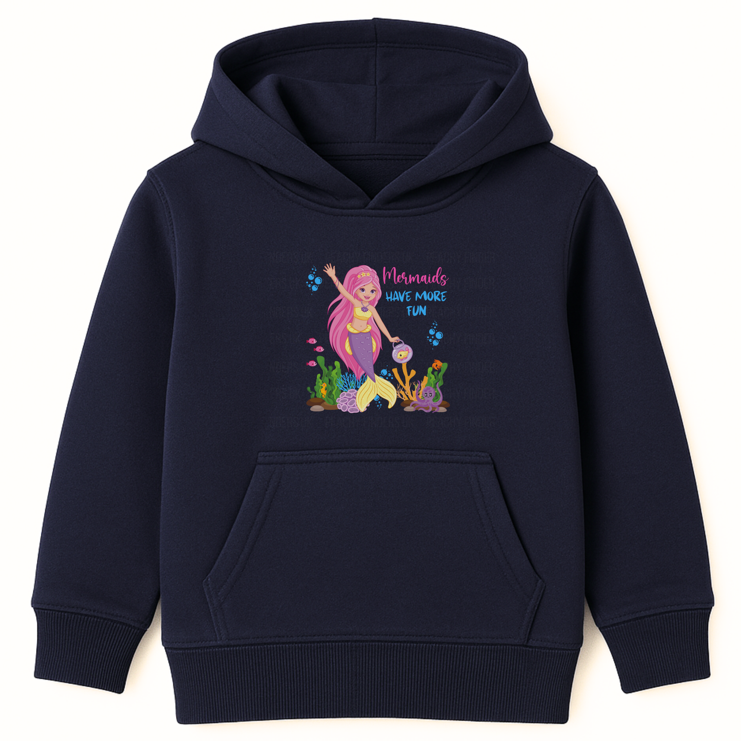 Girls navy hoodie with “Mermaids Have More Fun” text and colourful mermaid, fish, and ocean-themed print on the front, displayed on hanger.
