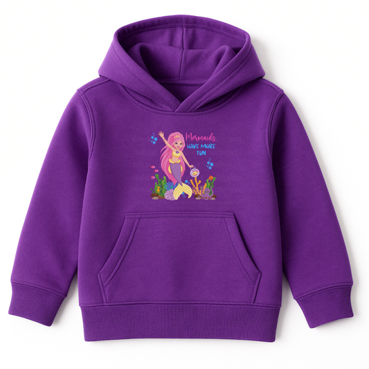 Girls purple hoodie with “Mermaids Have More Fun” text and colourful mermaid, fish, and ocean-themed print on the front, displayed on hanger.