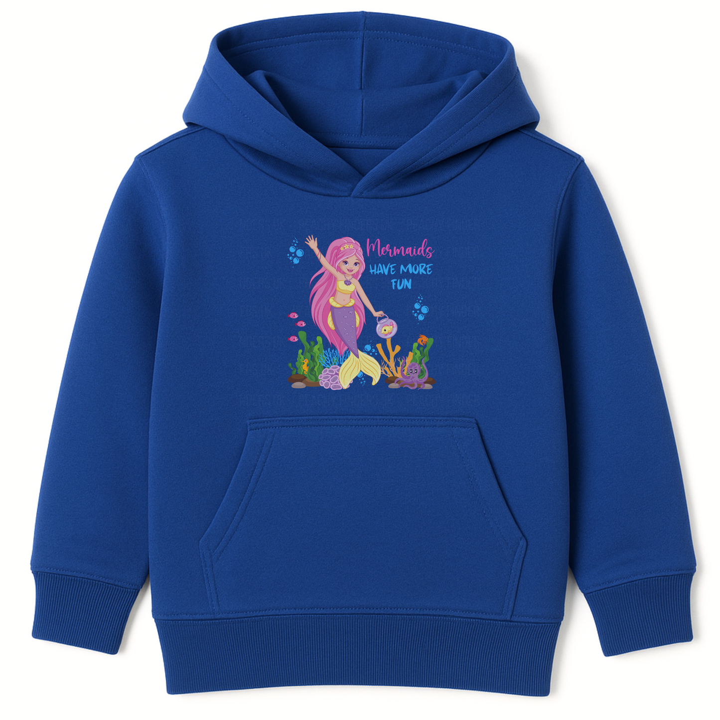 Girls royal blue hoodie with “Mermaids Have More Fun” text and colourful mermaid, fish, and ocean-themed print on the front, displayed on hanger.