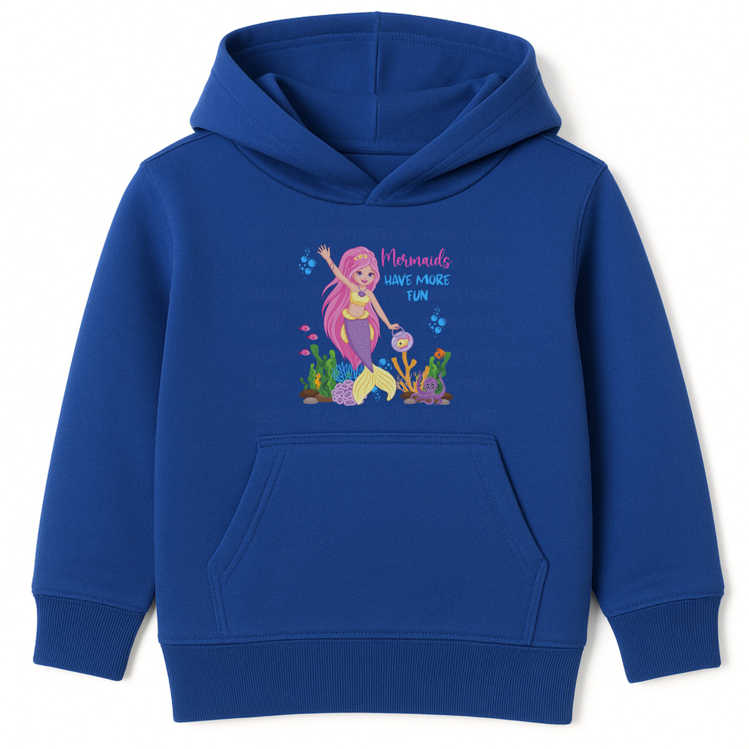 Girls royal blue hoodie with “Mermaids Have More Fun” text and colourful mermaid, fish, and ocean-themed print on the front, displayed on hanger.