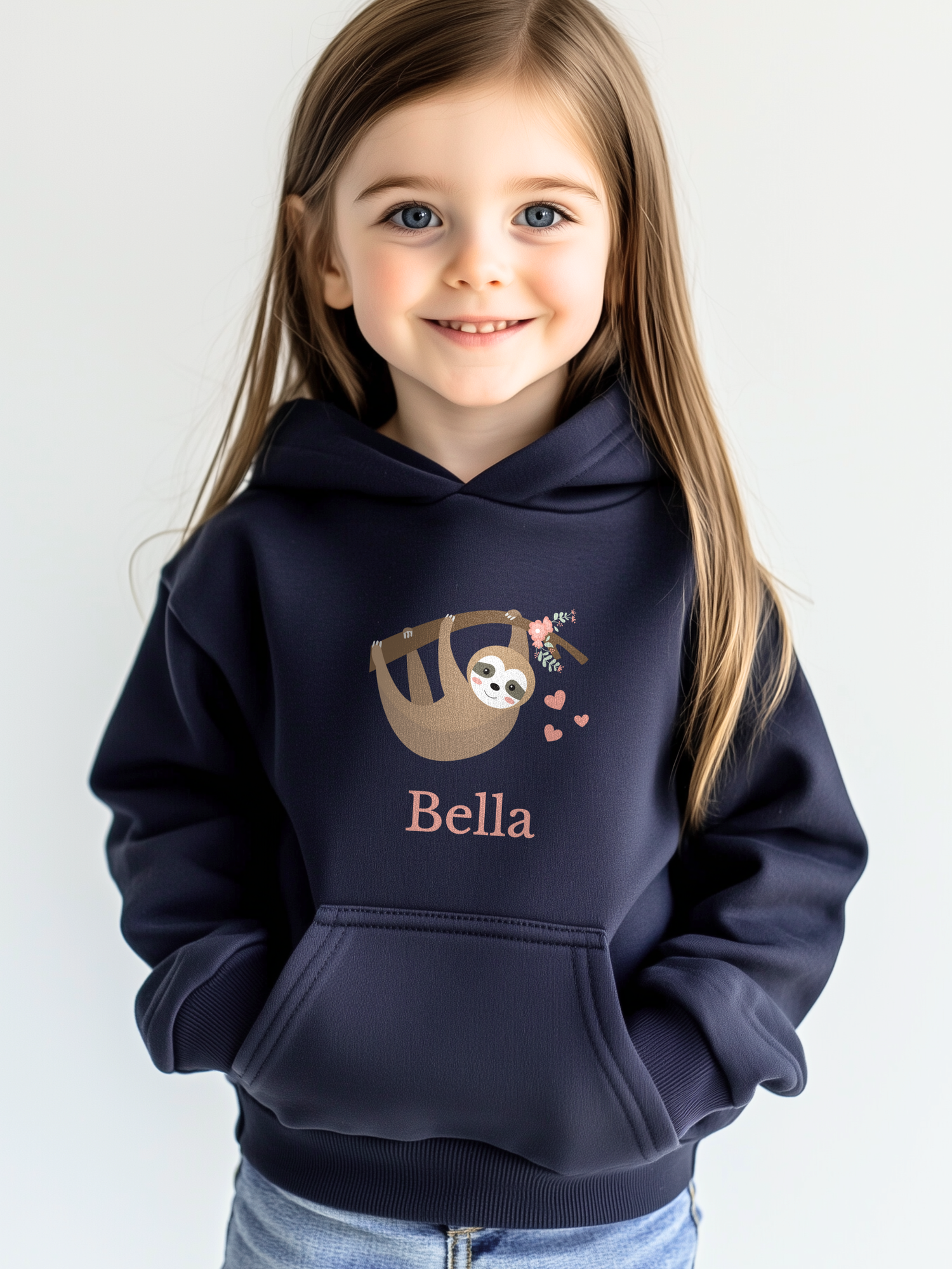 Young girl wearing a navy personalised sloth hoodie with cute hanging sloth design and custom name