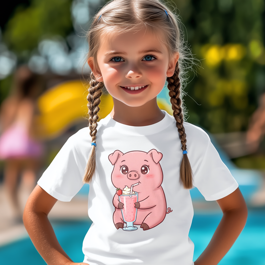 Girl wearing a white kids t-shirt with a cute pig drinking a strawberry milkshake design”