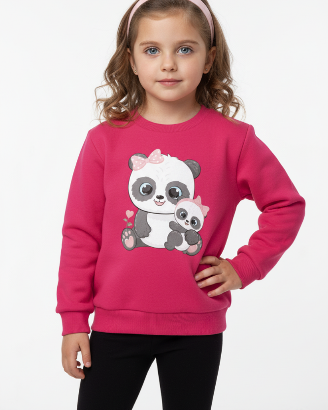 Girl modelling hot pink panda sweatshirt with mum and baby panda graphic, cute girls animal jumper by Peachy Finders