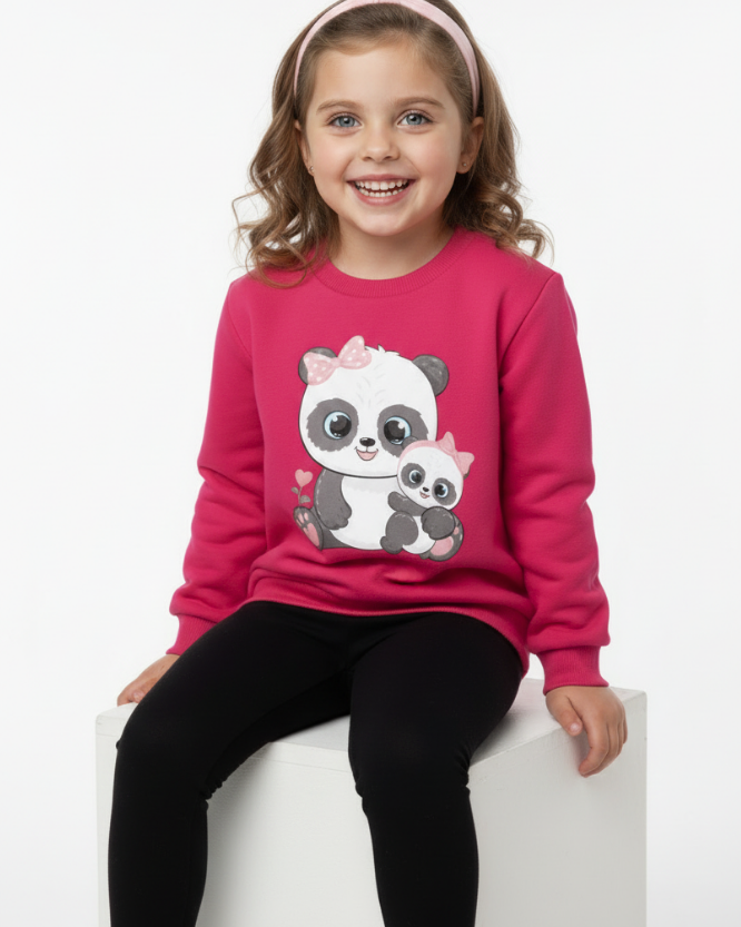 Girl sitting wearing hot pink panda sweatshirt with pink bow mum and baby panda design, cosy kids jumper