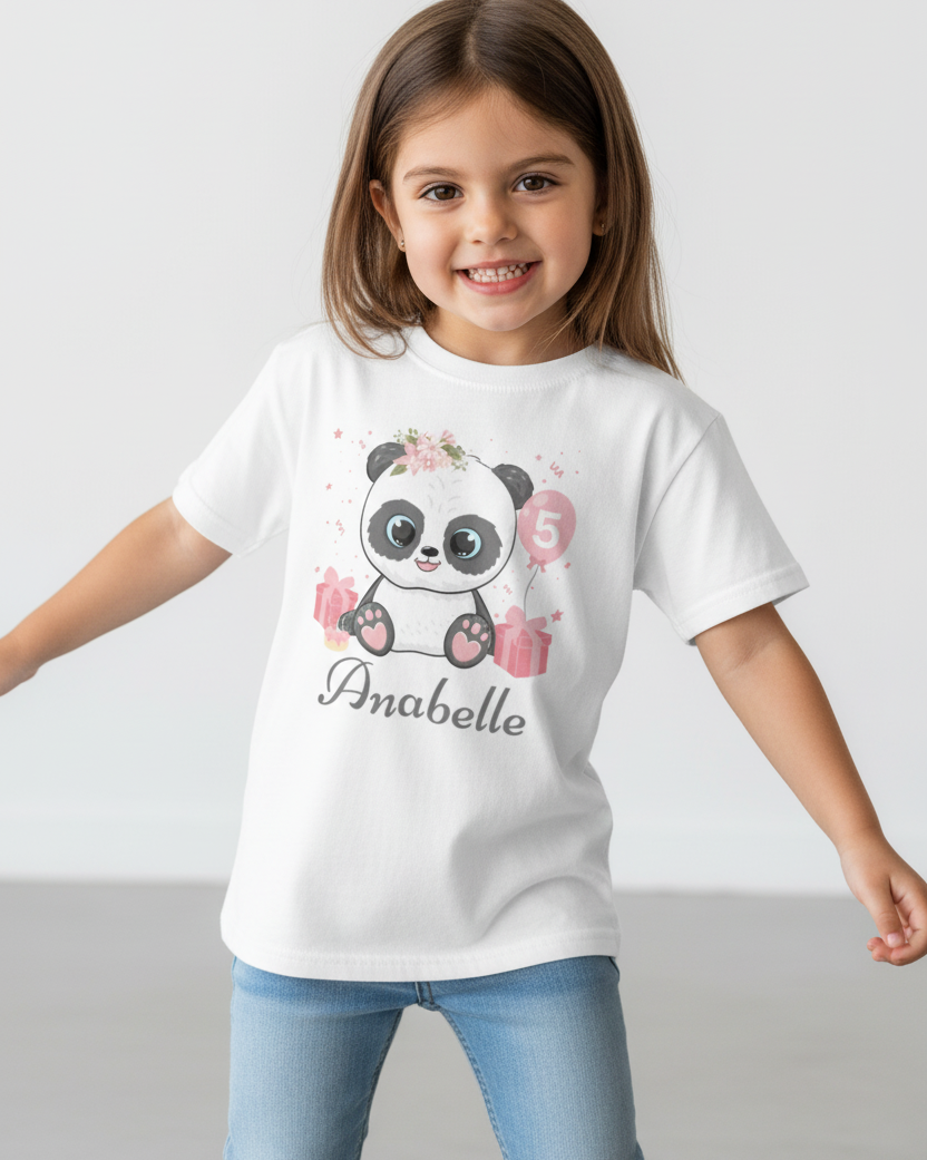 Personalised floral panda birthday t-shirt for girls with custom name Anabelle, white kids panda shirt studio model smiling