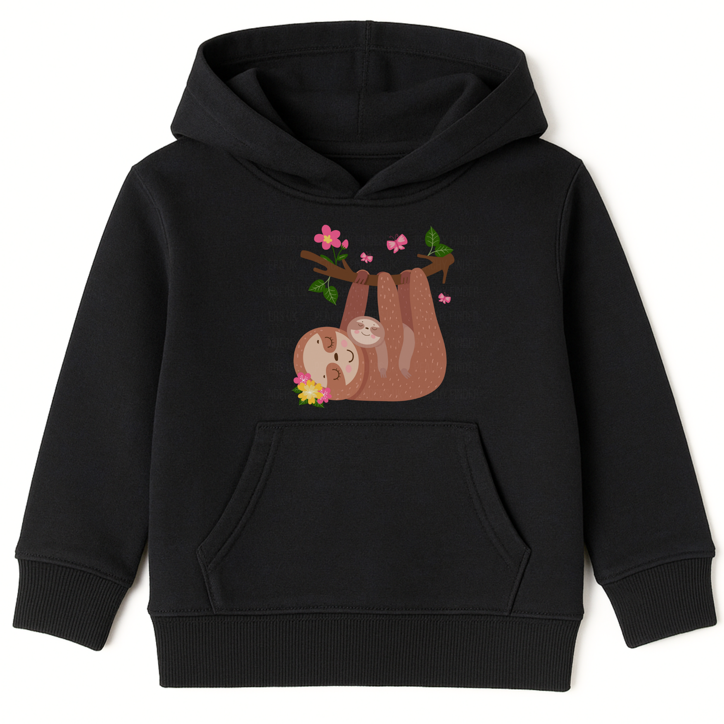 Girls black hoodie featuring a cute mother and baby sloth hanging from a branch with pink flowers and green leaves.