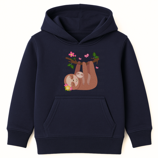 Girls navy hoodie featuring a cute mother and baby sloth hanging from a branch with pink flowers and green leaves.