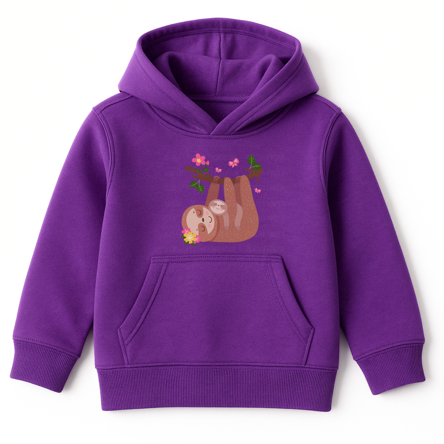 Girls purple hoodie featuring a cute mother and baby sloth hanging from a branch with pink flowers and green leaves.