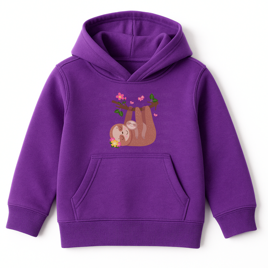 Girls purple hoodie featuring a cute mother and baby sloth hanging from a branch with pink flowers and green leaves.