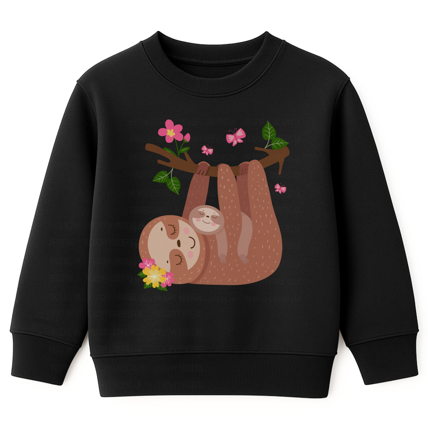 Girls black sweatshirt featuring a cute mother and baby sloth hanging from a tree branch with pink flowers, green leaves, and butterflies.