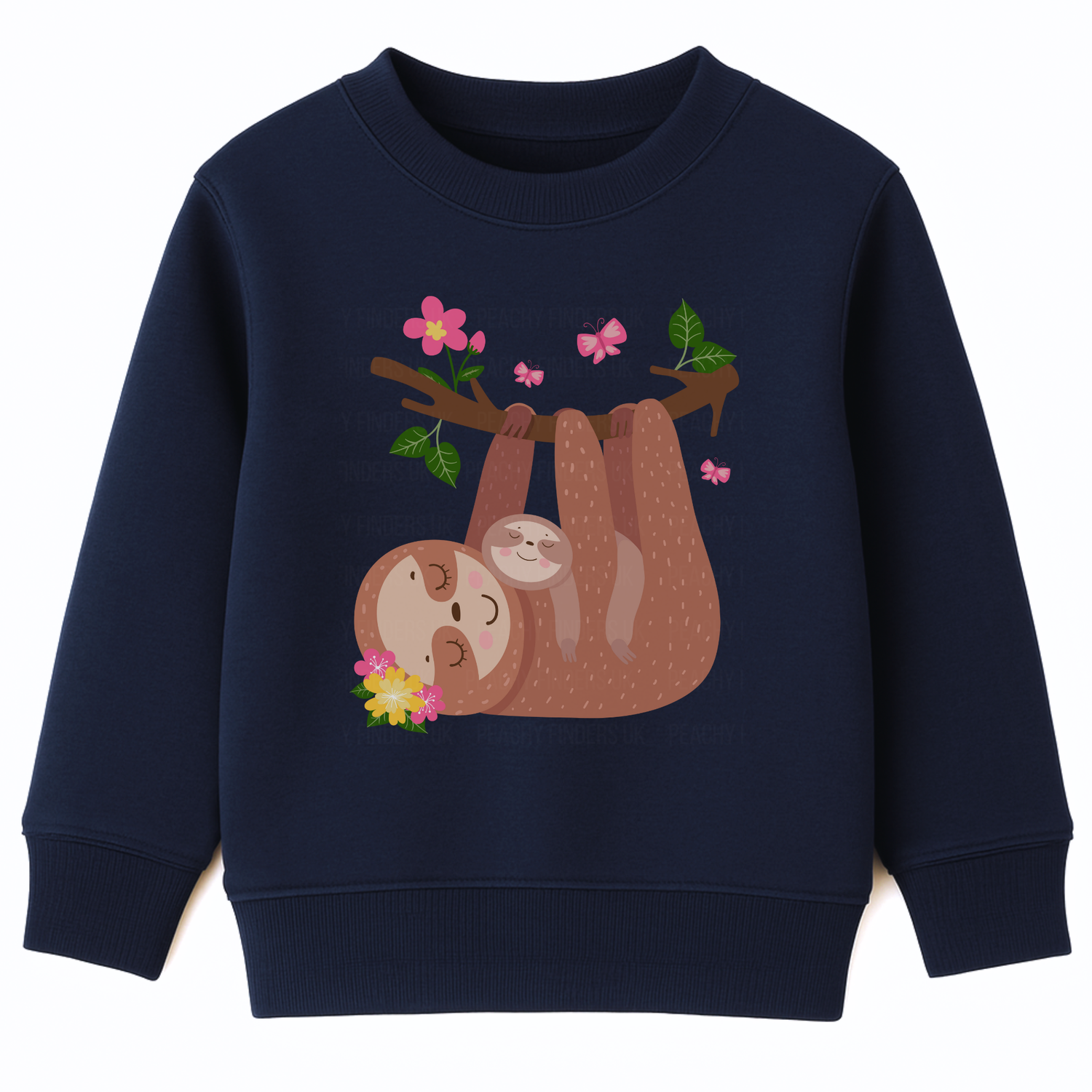 Navy girls sweatshirt featuring a cute mother and baby sloth hanging from a tree branch with pink flowers, green leaves, and butterflies.