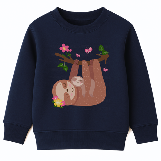 Navy girls sweatshirt featuring a cute mother and baby sloth hanging from a tree branch with pink flowers, green leaves, and butterflies.