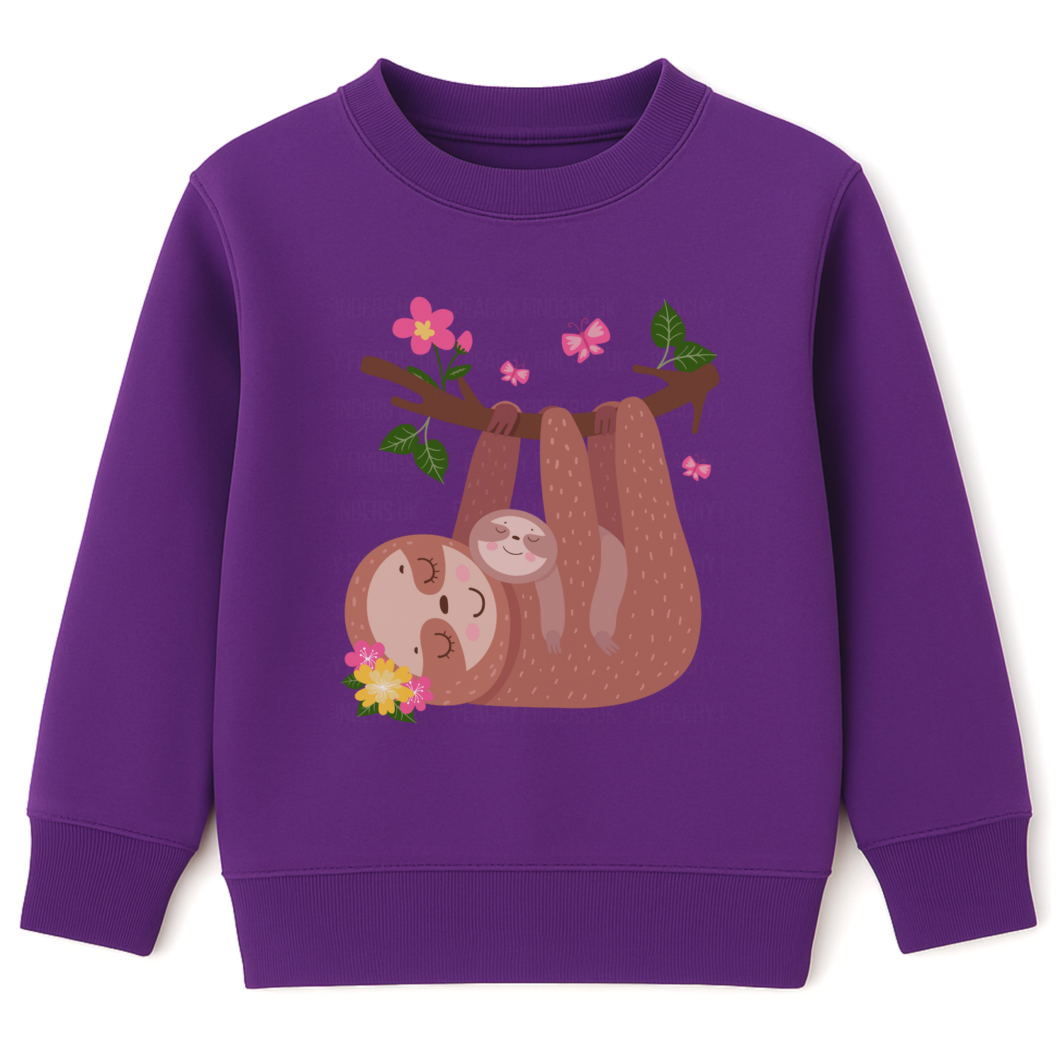Girls purple sweatshirt featuring a cute mother and baby sloth hanging from a tree branch with pink flowers, green leaves, and butterflies.