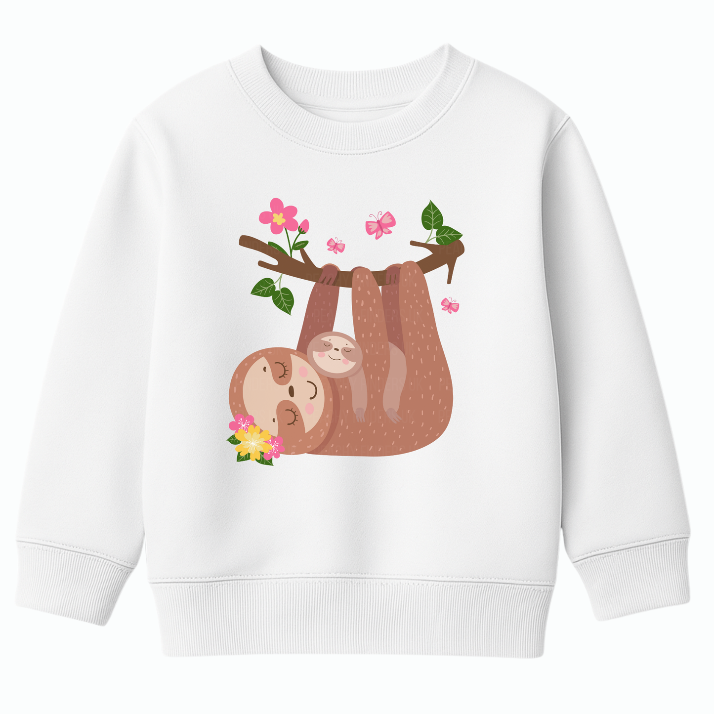 Girls white sweatshirt featuring a cute mother and baby sloth hanging from a tree branch with pink flowers, green leaves, and butterflies.