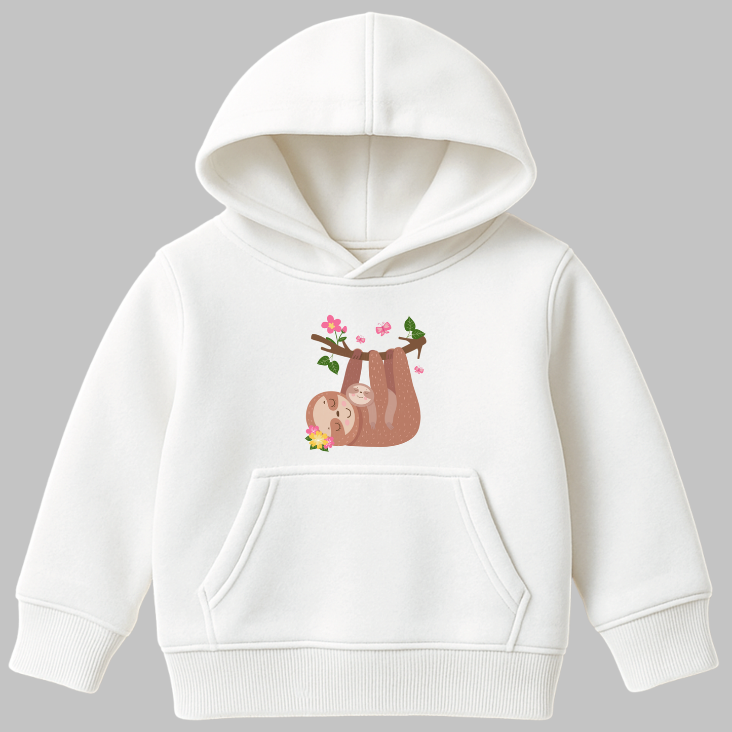Girls white hoodie featuring a cute mother and baby sloth hanging from a branch with pink flowers and green leaves.