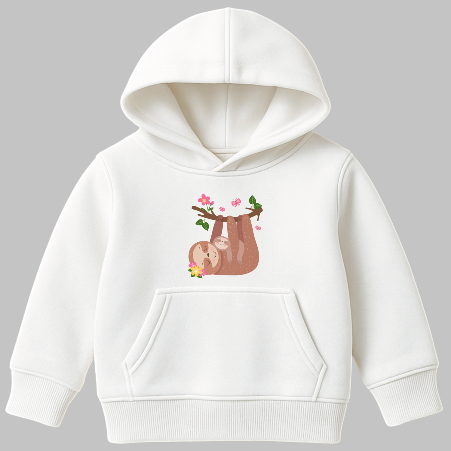 Girls white hoodie featuring a cute mother and baby sloth hanging from a branch with pink flowers and green leaves.