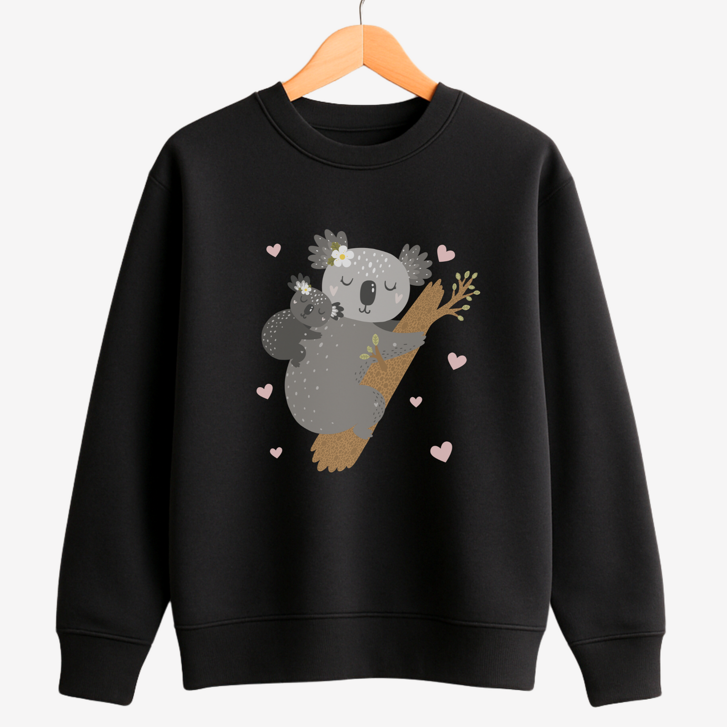 Black sweatshirt with a koala design on a white background