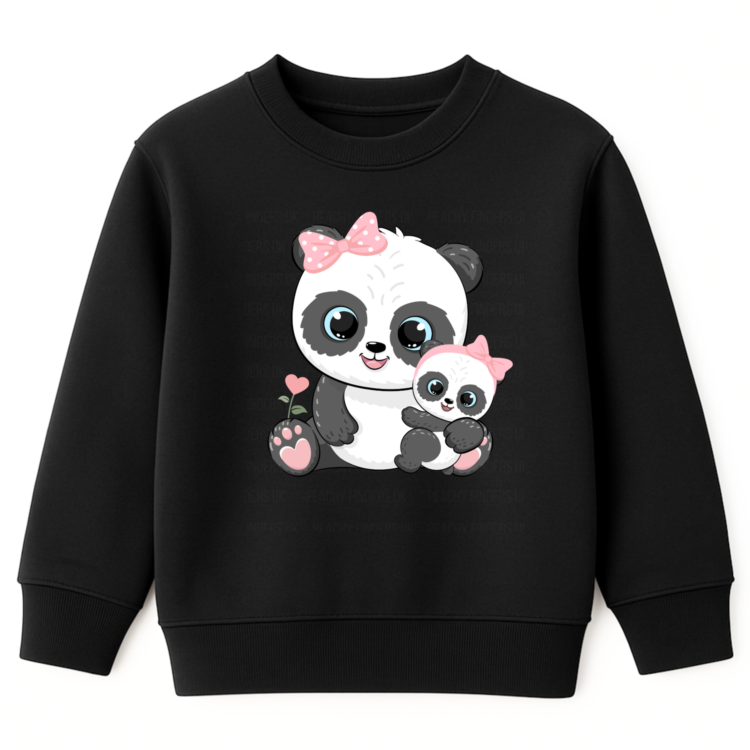 Girls black sweatshirt with mum and baby panda graphic with pink bows, kids cute animal jumper