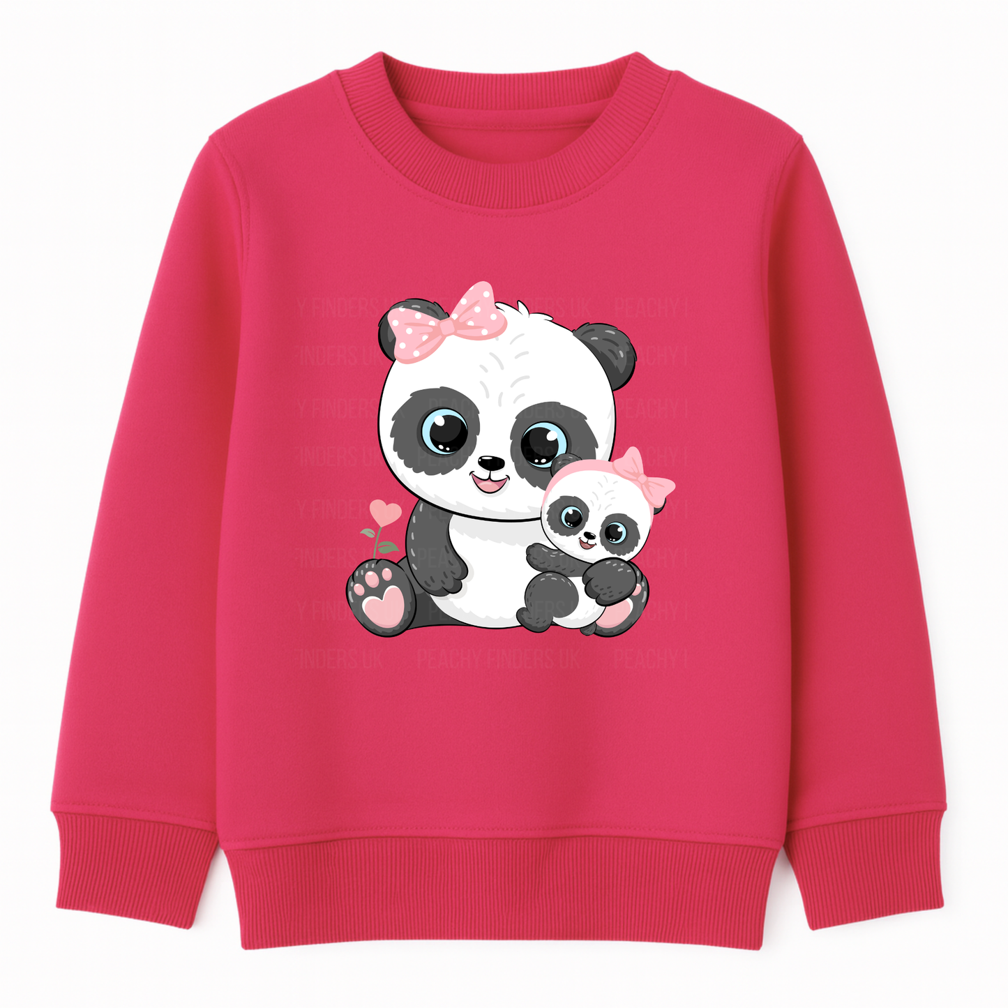 Girls hot pink sweatshirt with mum and baby panda print with pink bows, cosy kids jumper