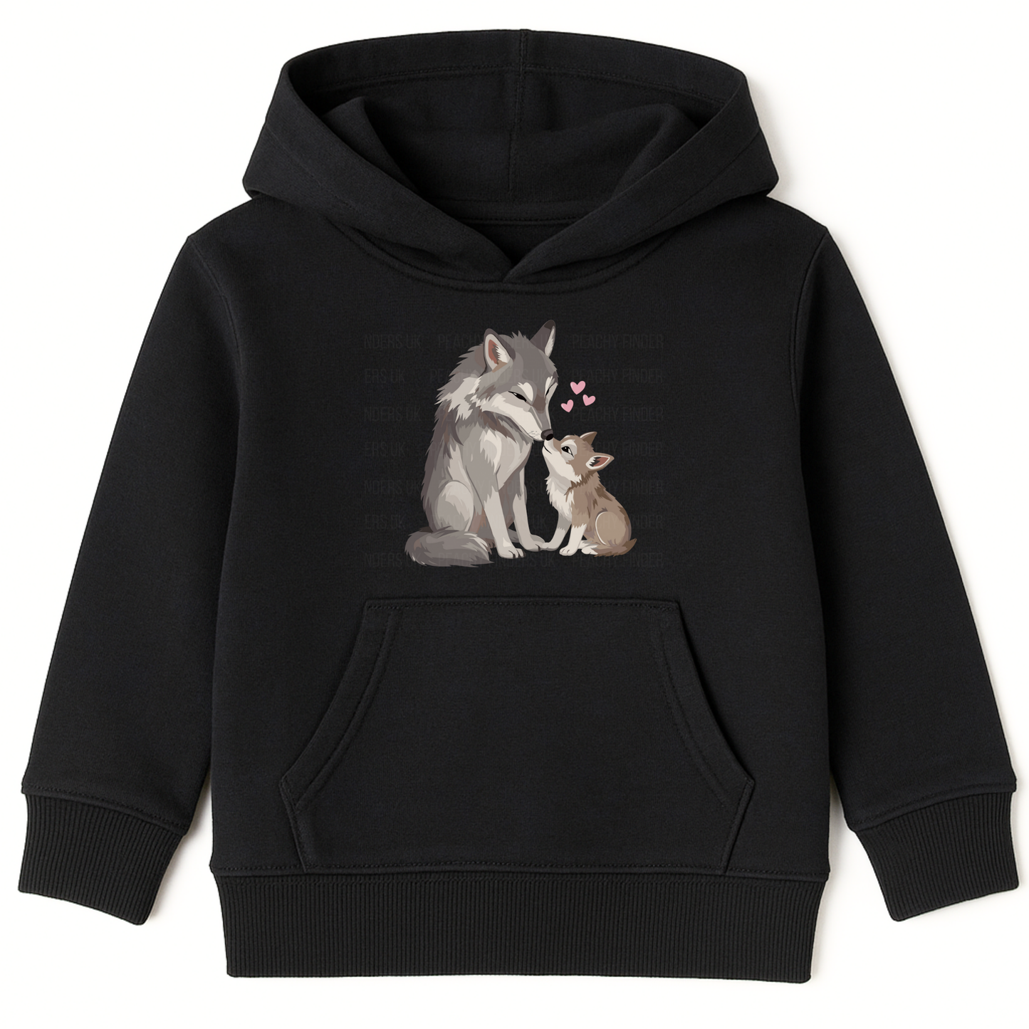 Girls black pullover hooded sweatshirt featuring a cute graphic of a mum and baby wolf and pink hearts on the front.
