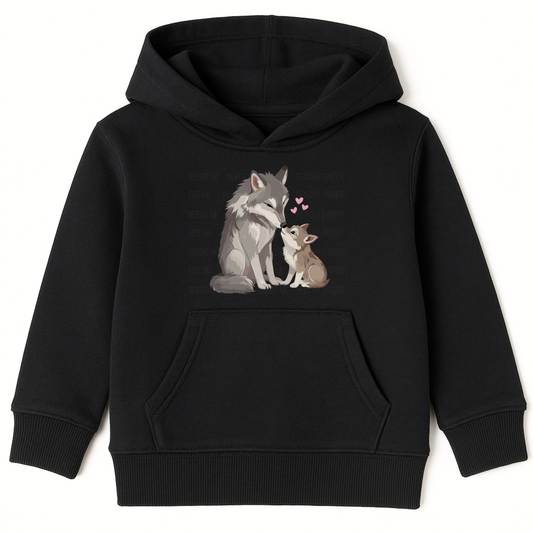 Girls black pullover hooded sweatshirt featuring a cute graphic of a mum and baby wolf and pink hearts on the front.