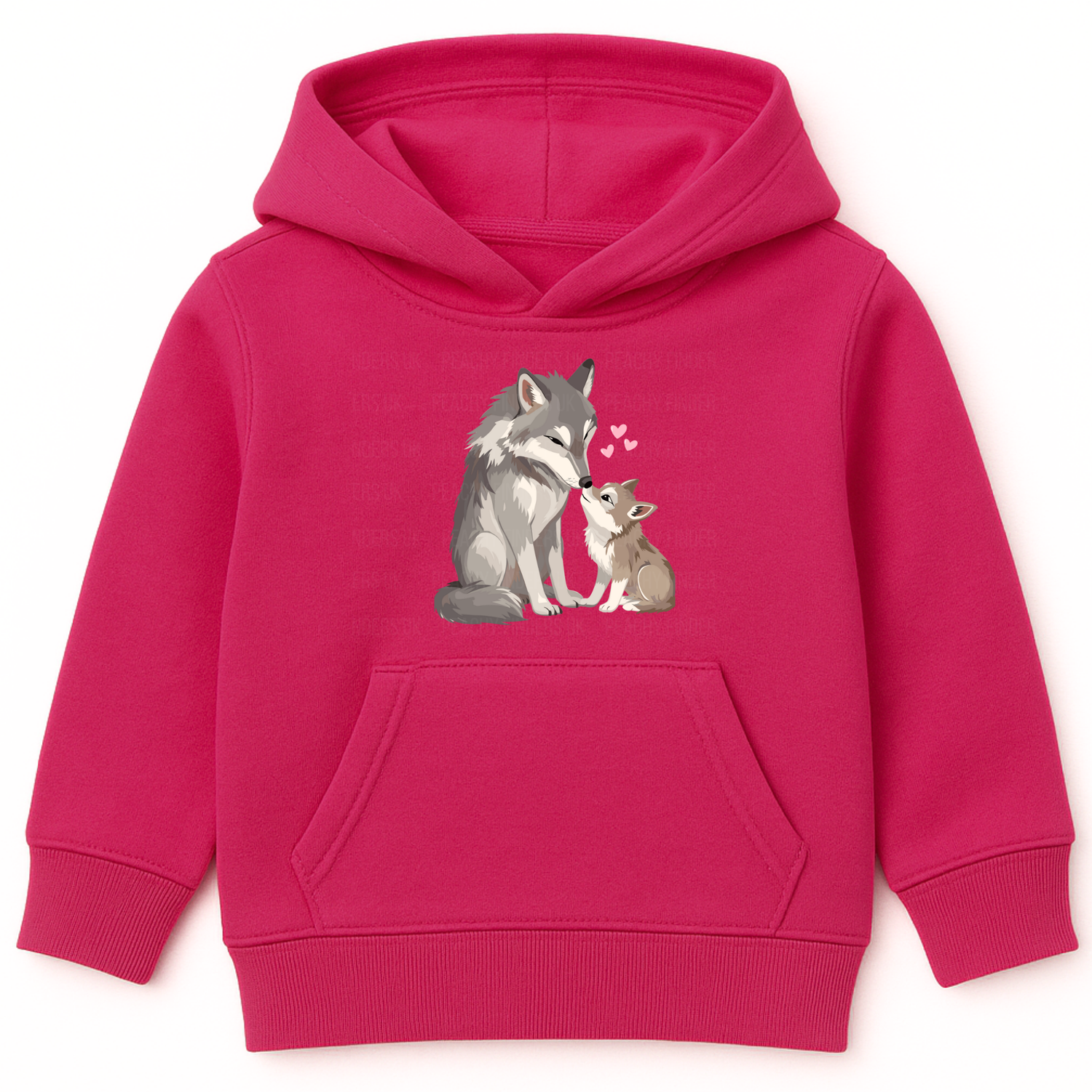Hot pink girls pullover hoodie with a cute mum and baby wolf illustration and pink hearts on the front.
