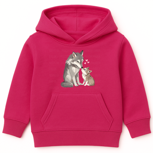 Hot pink girls pullover hoodie with a cute mum and baby wolf illustration and pink hearts on the front.