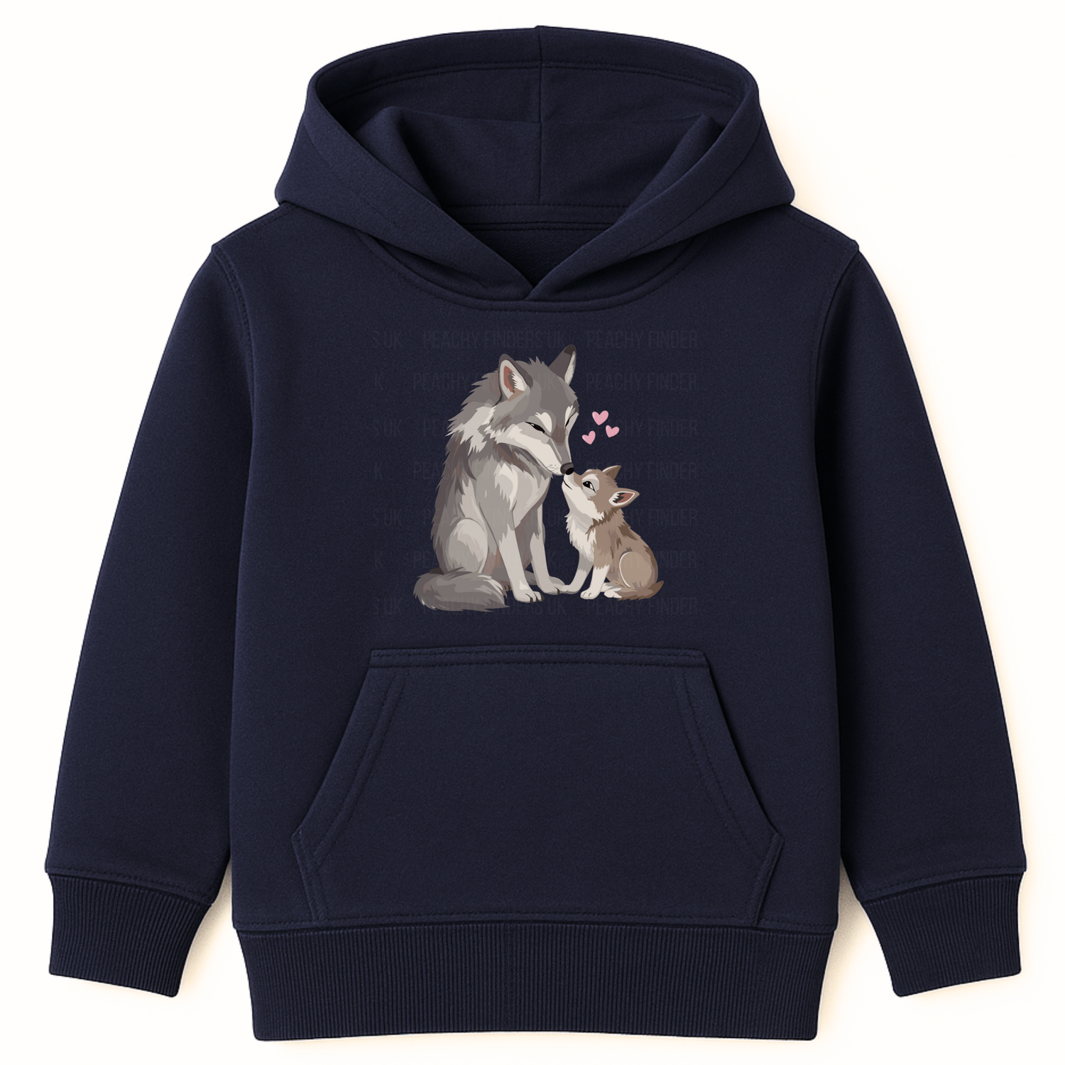 Girls navy pullover hoodie with a cute mum and baby wolf illustration and pink hearts on the front.