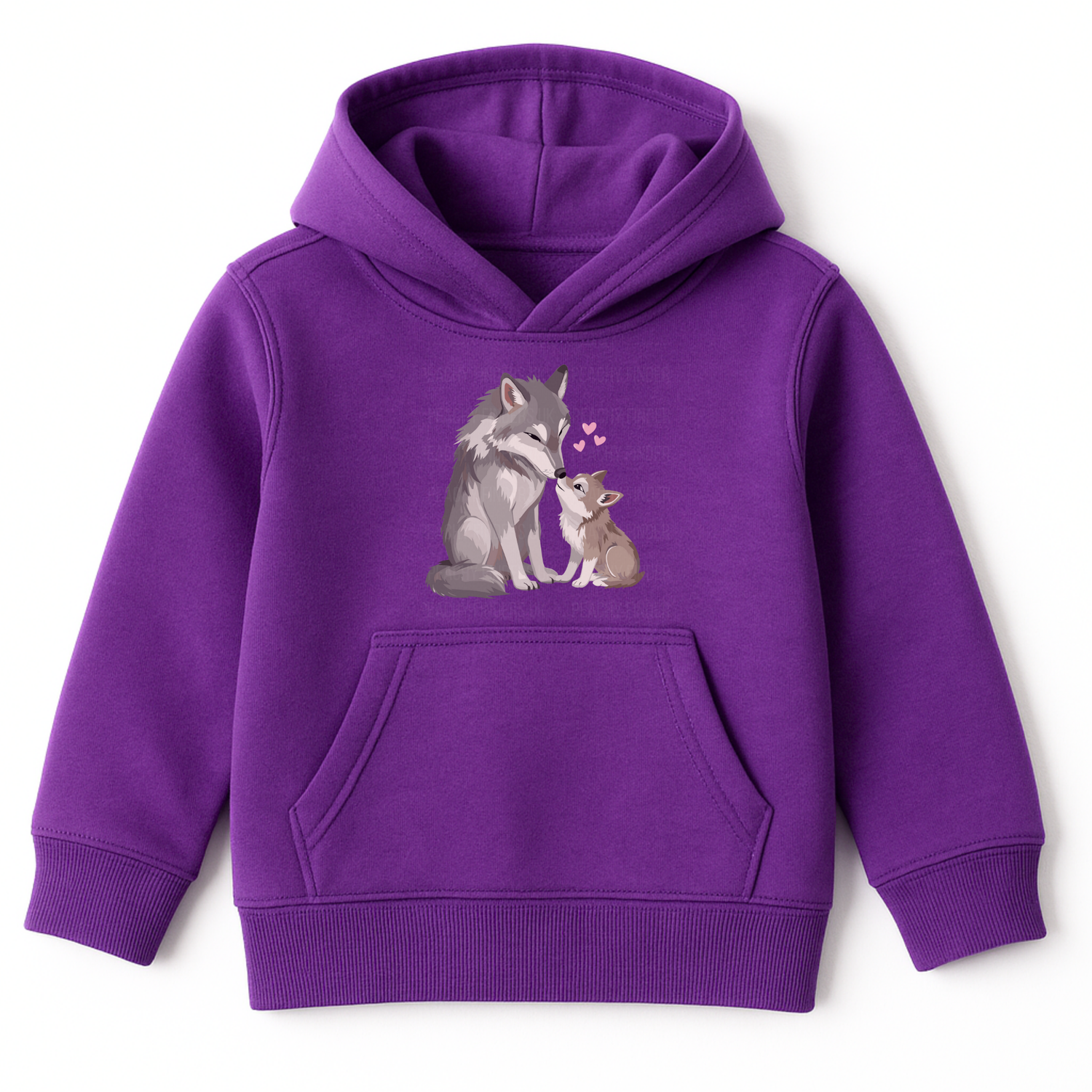 Girls pullover hoodie in purple with a cute mum and baby wolf illustration and pink hearts above them on the front.