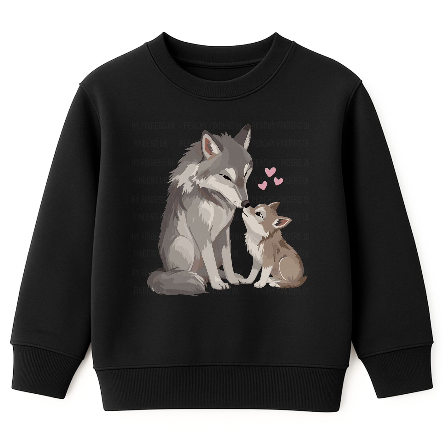 Girls black sweatshirt with a cute mum and baby wolf illustration and pink hearts.