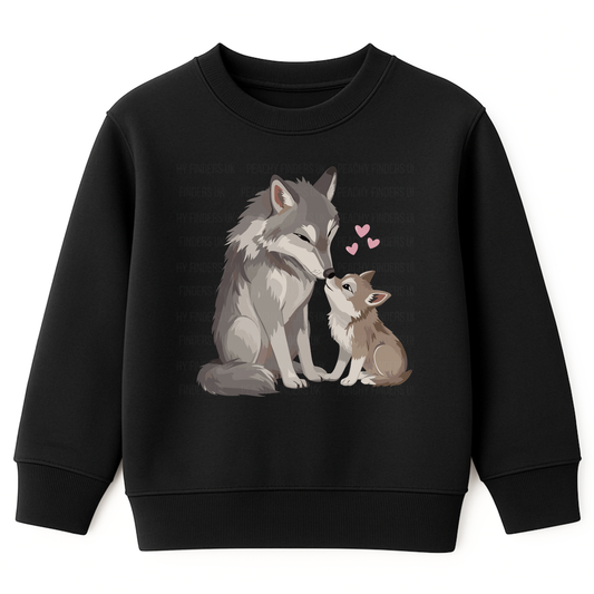 Girls black sweatshirt with a cute mum and baby wolf illustration and pink hearts.