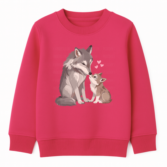Hot pink girls sweatshirt with a cute mum and baby wolf illustration and pink hearts.