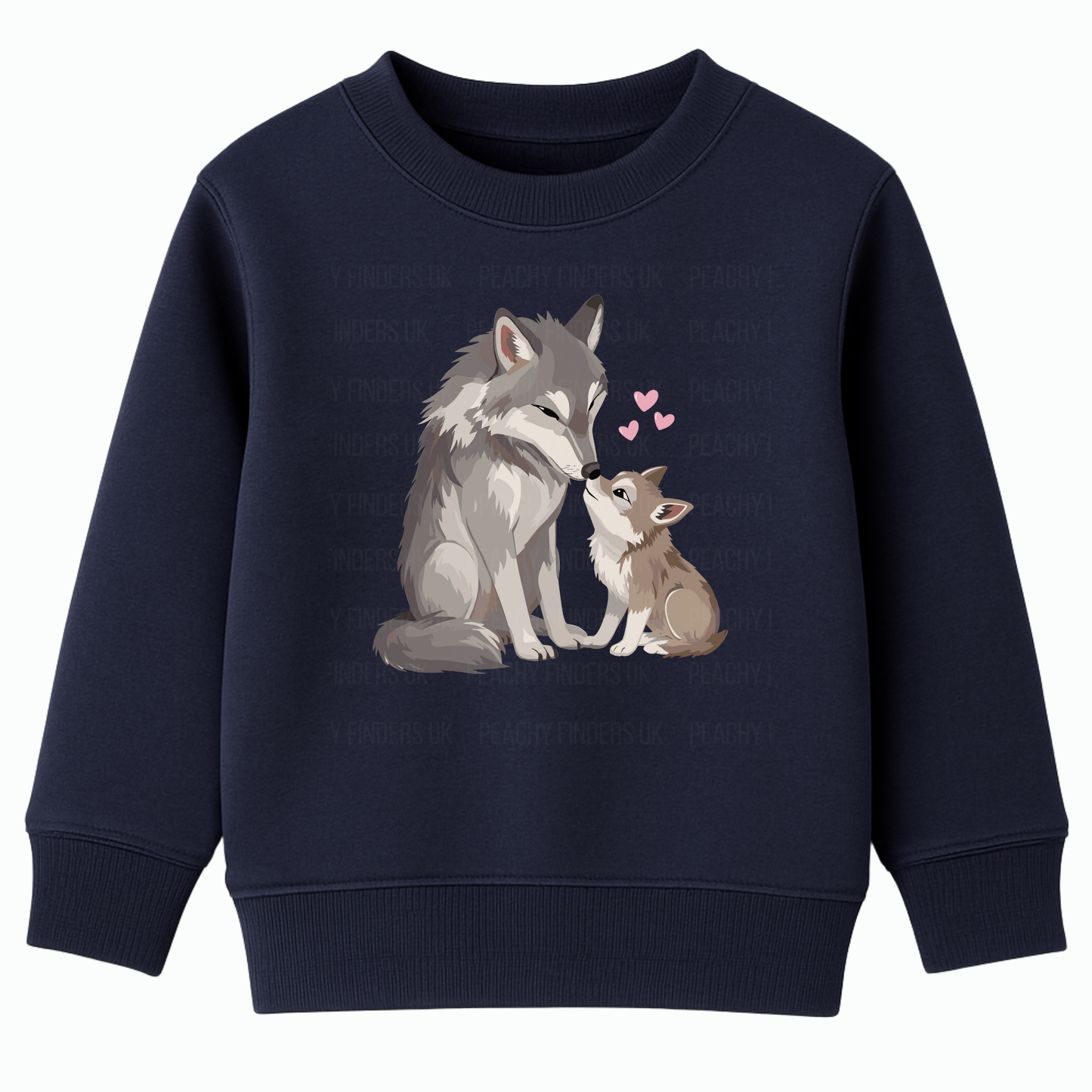 Oxford navy girls sweatshirt with a cute mum and baby wolf illustration and pink hearts.