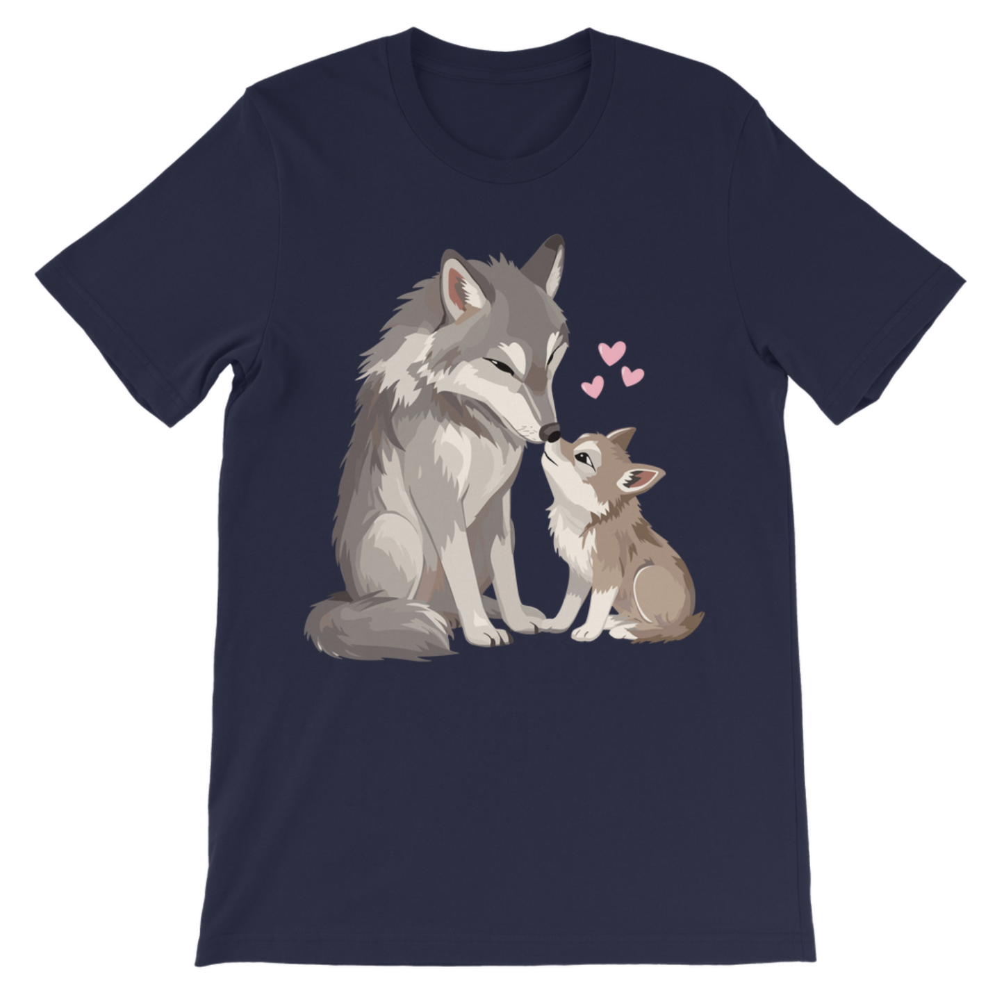 Girls wolf t-shirt navy blue kids animal print top with mum and cub wolf illustration