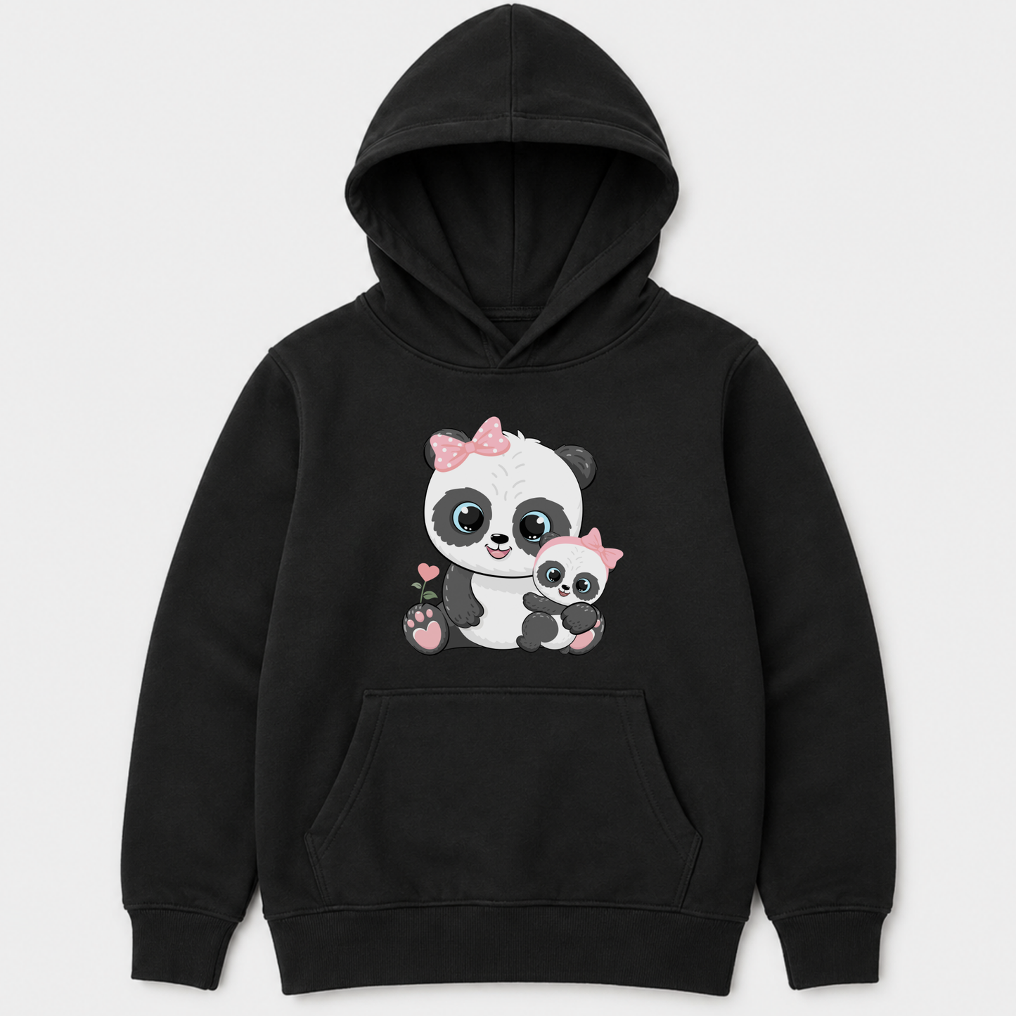 Black girls’ pullover hoodie with a mum panda cuddling her baby, decorated with pink bows and paw pads.