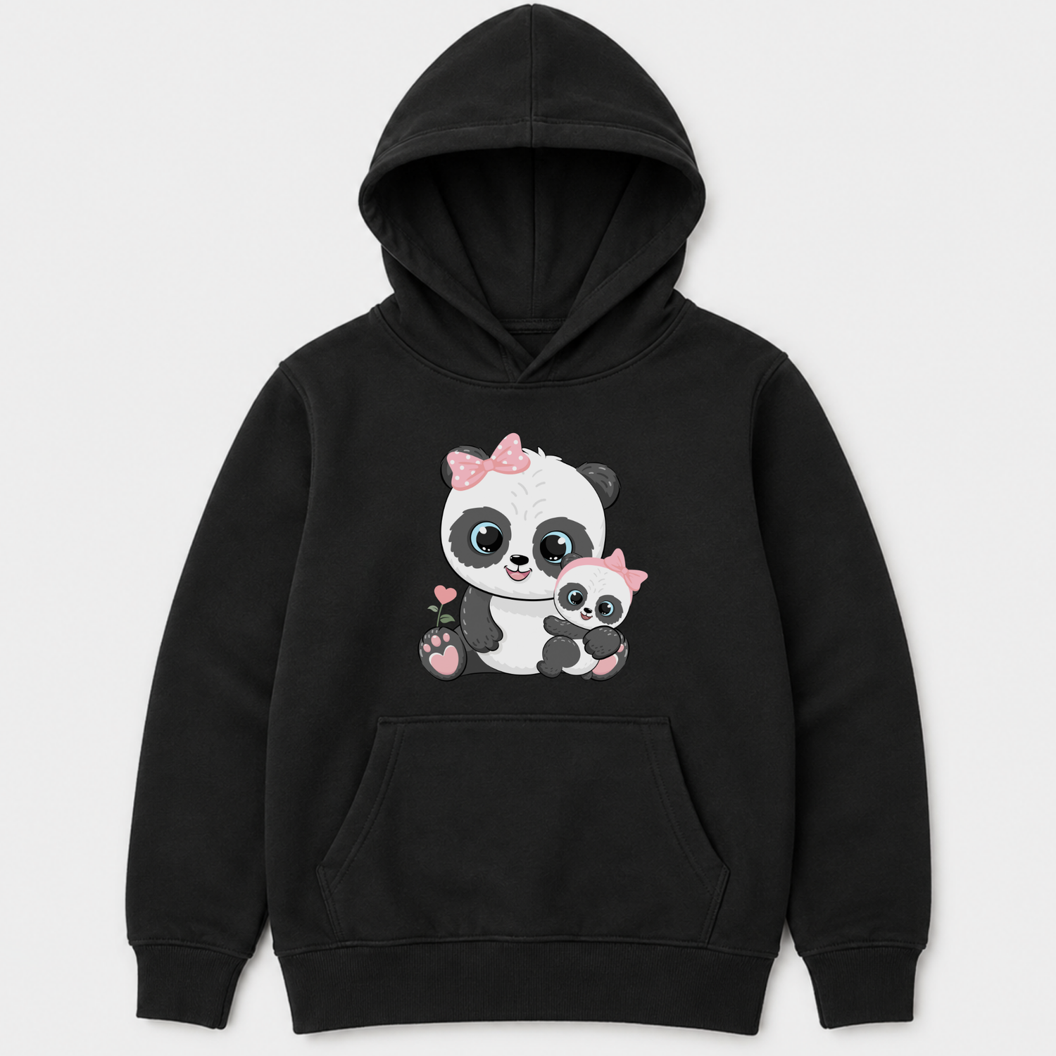 Black girls’ pullover hoodie with a mum panda cuddling her baby, decorated with pink bows and paw pads.