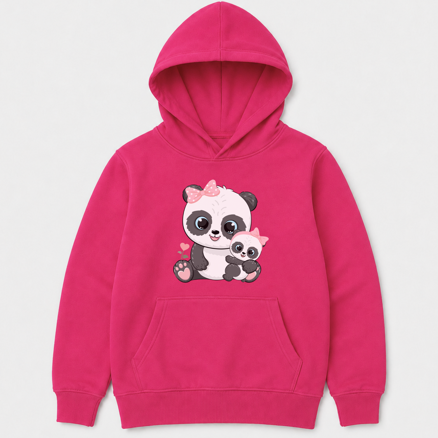 Hot pink girls’ hoodie featuring a mum and baby panda design with pink bows and heart details.