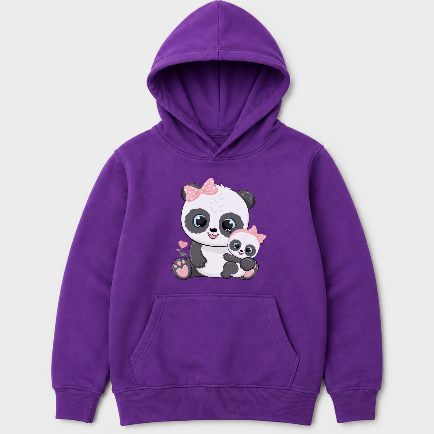 Purple girls’ hoodie featuring an illustrated mum and baby panda with pale-pink bows and heart details.
