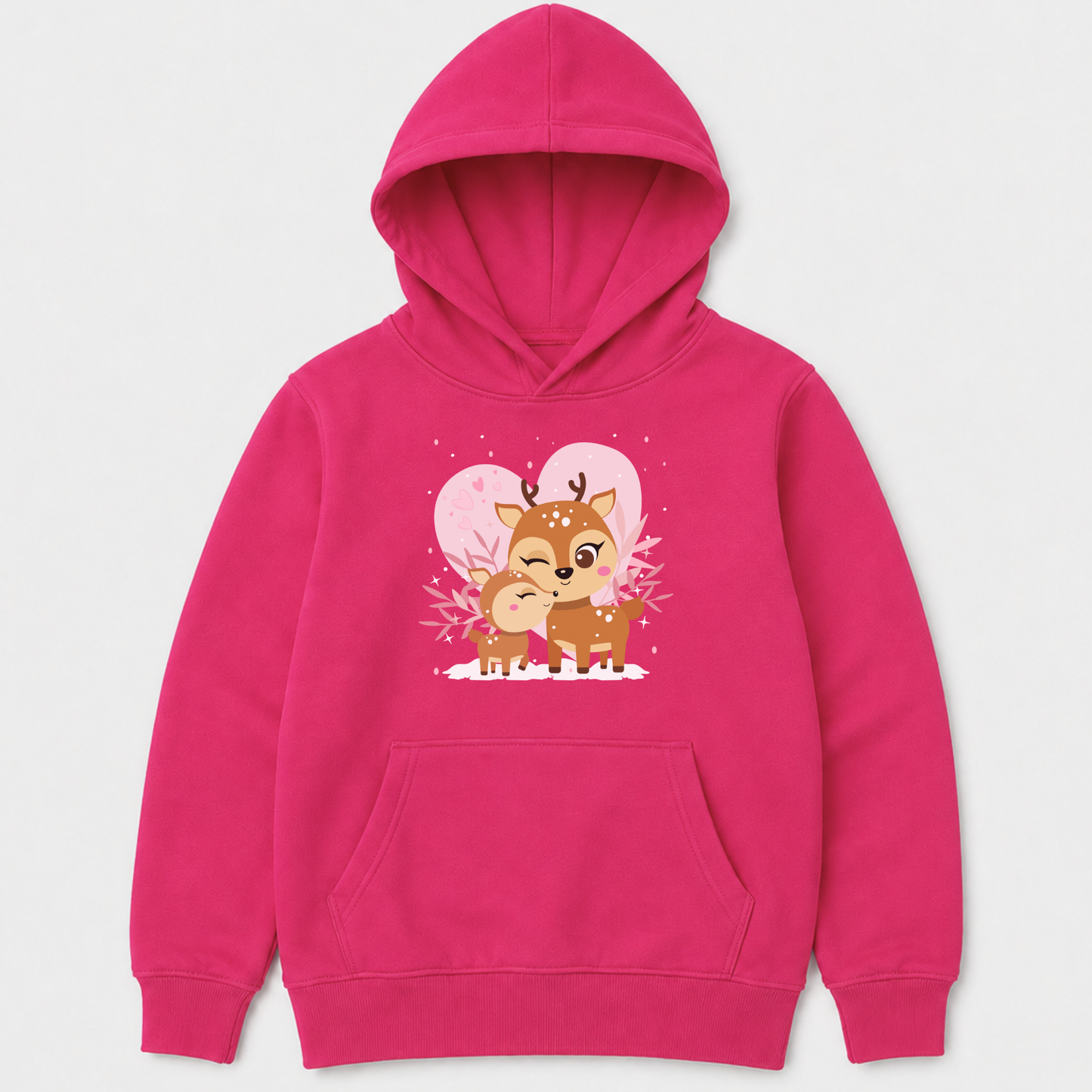 Hot pink girls hoodie featuring a mother and baby reindeer surrounded by a pink heart, winter foliage and snow.
