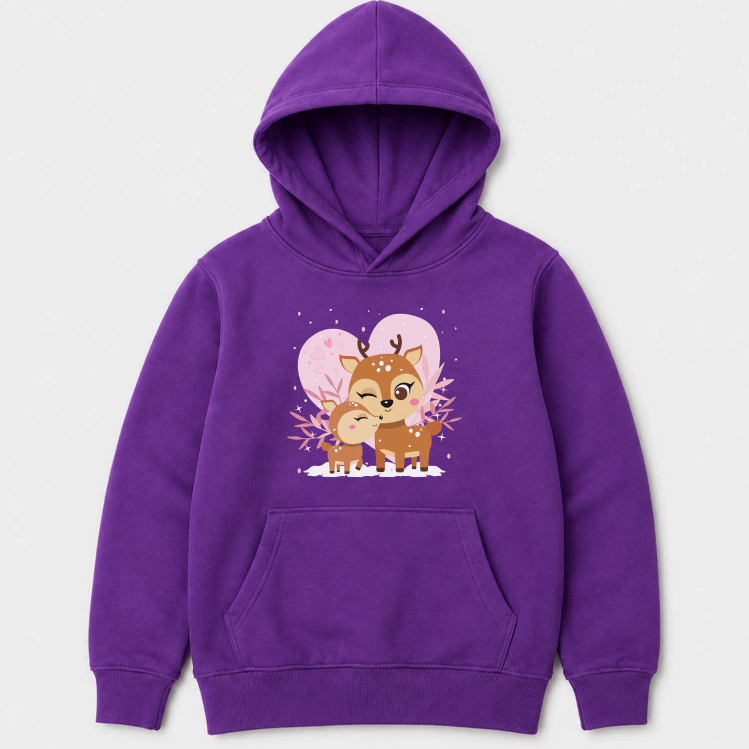 Purple girls pullover hoodie with a cuddling mother and baby reindeer, pink heart and snowy winter details.