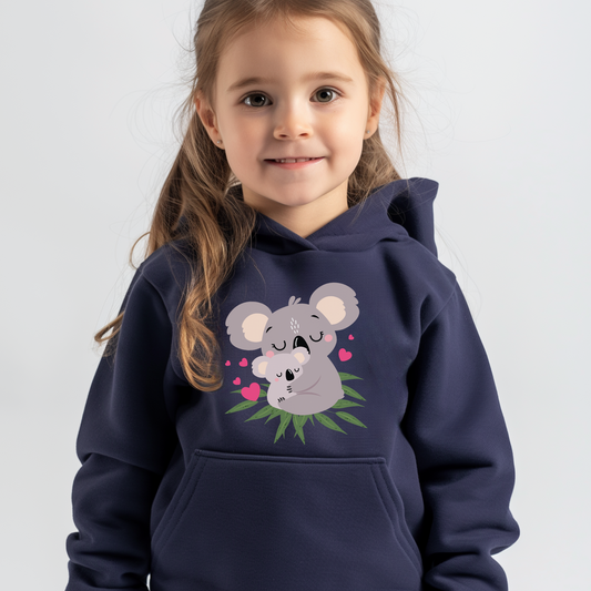 A little girl wearing a purple hoodie with a printrd design of mumma and baby koalas
